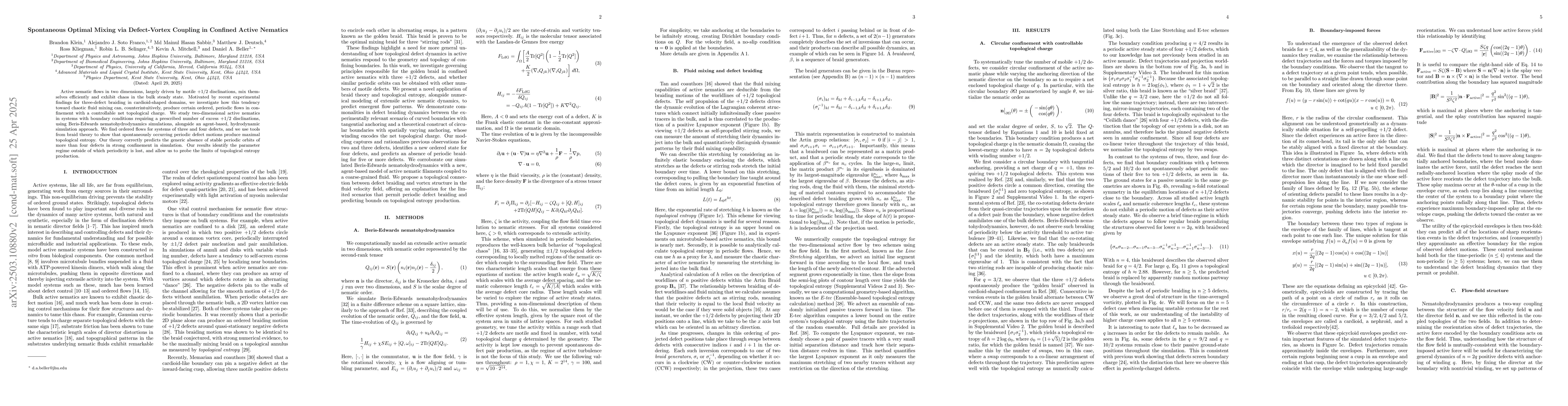 Thumbnail for Spontaneous Optimal Mixing via Defect-Vortex Coupling in Confined Active
  Nematics