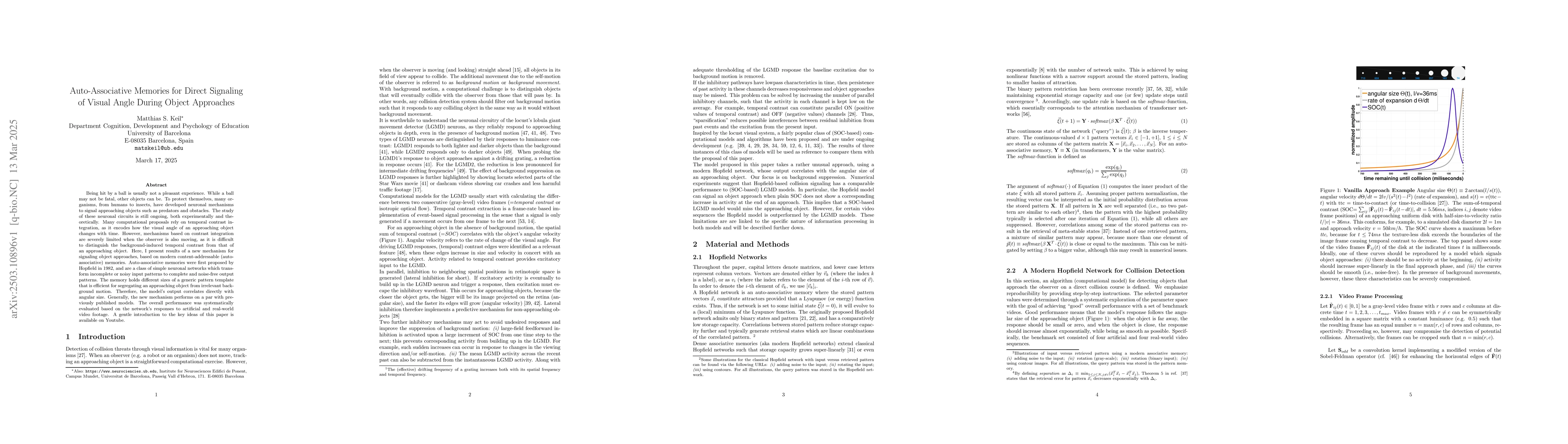 Thumbnail for Auto-Associative Memories for Direct Signalling of Visual Angle During
  Object Approaches