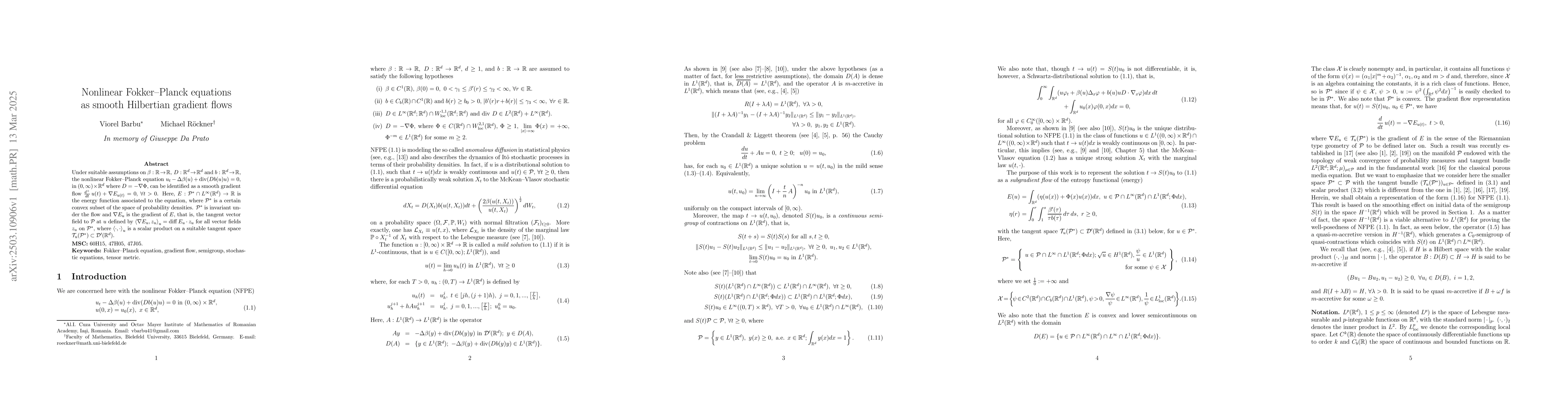 Thumbnail for Nonlinear Fokker-Planck equations as smooth Hilbertian gradient flows