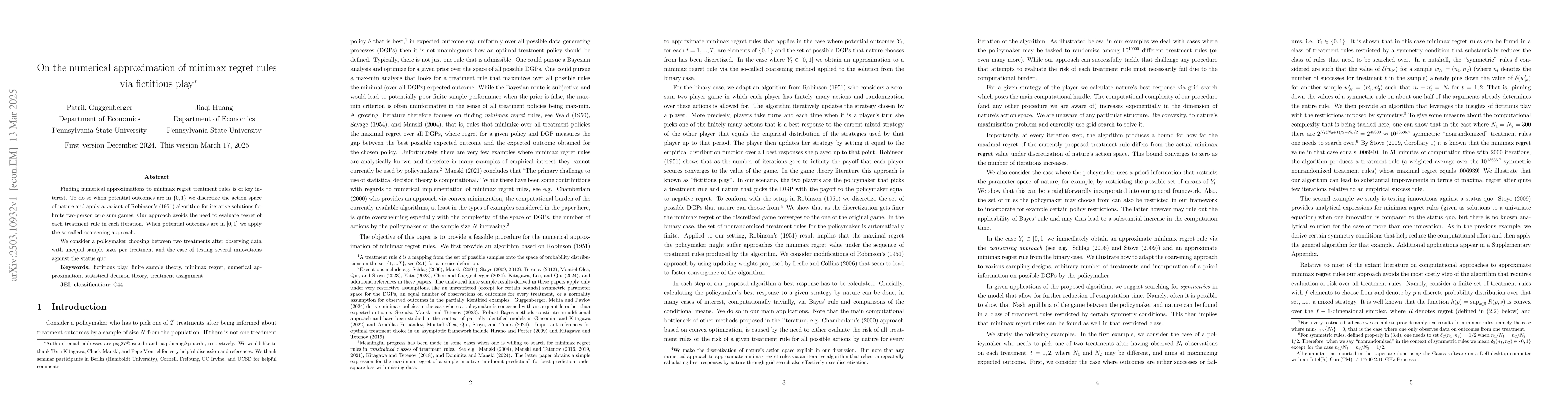 Thumbnail for On the numerical approximation of minimax regret rules via fictitious
  play