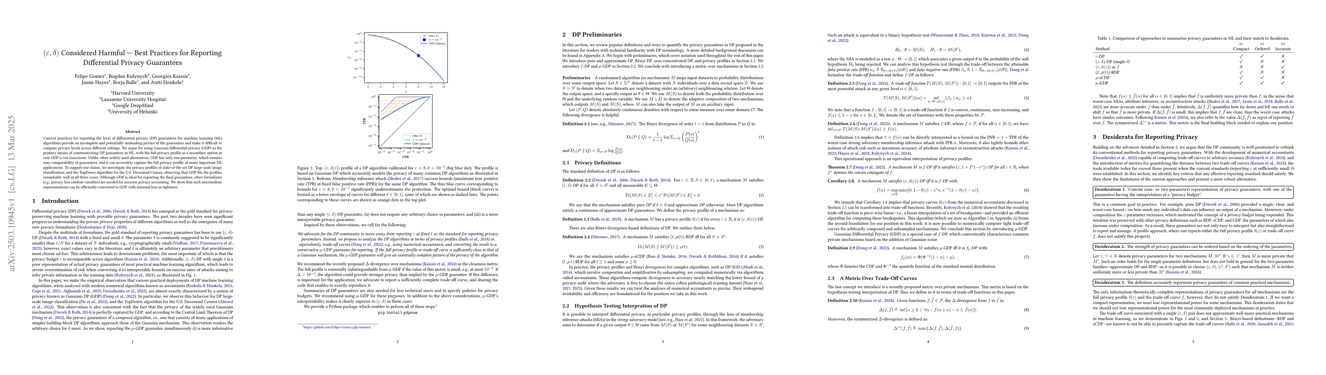 Thumbnail for $(\varepsilon, δ)$ Considered Harmful: Best Practices for Reporting
  Differential Privacy Guarantees