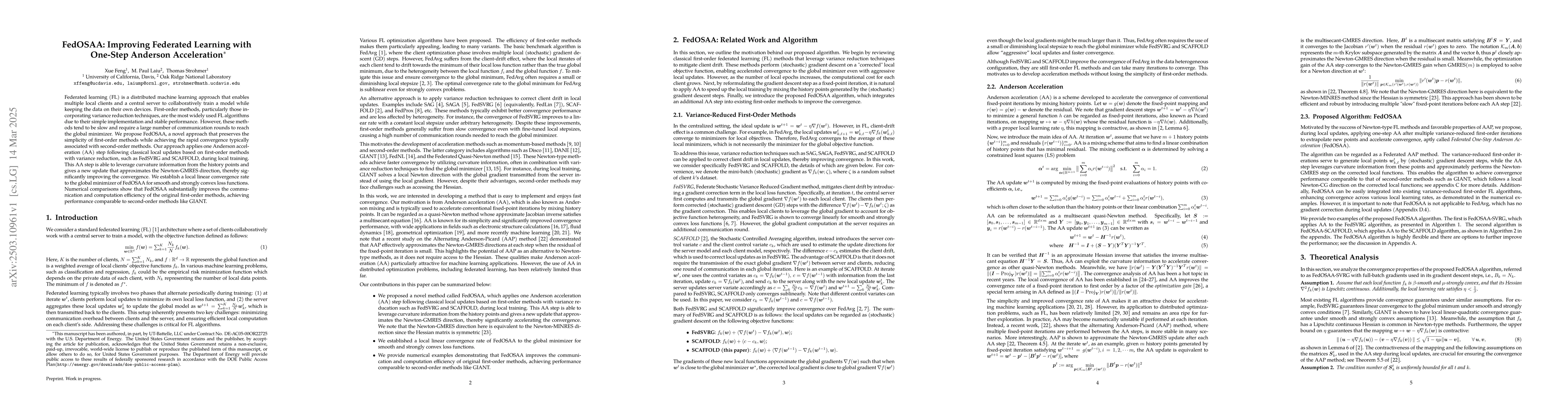 Thumbnail for FedOSAA: Improving Federated Learning with One-Step Anderson
  Acceleration