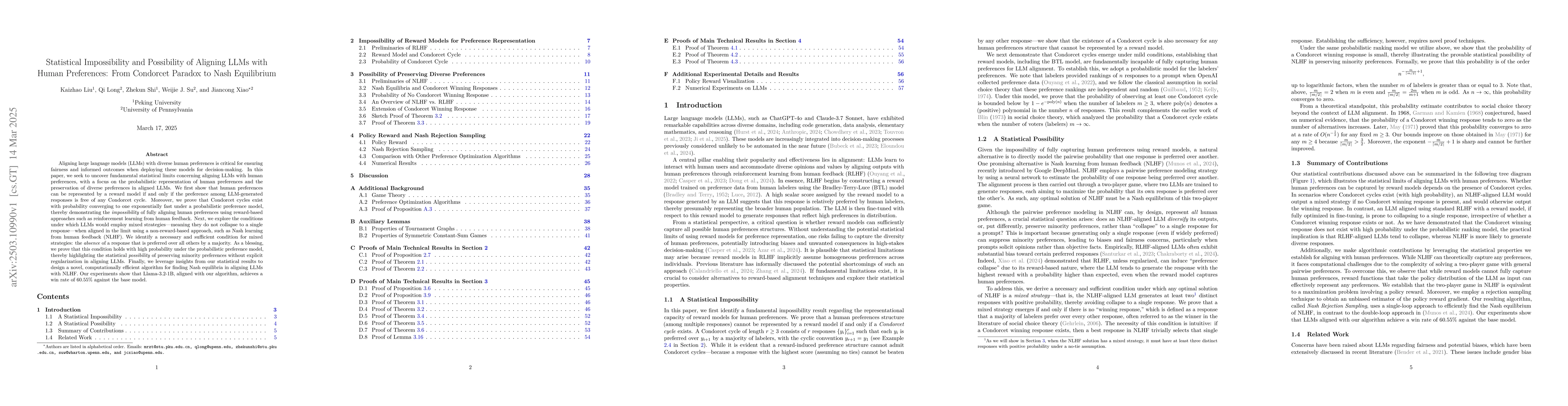 Thumbnail for Statistical Impossibility and Possibility of Aligning LLMs with Human
  Preferences: From Condorcet Paradox to Nash Equilibrium