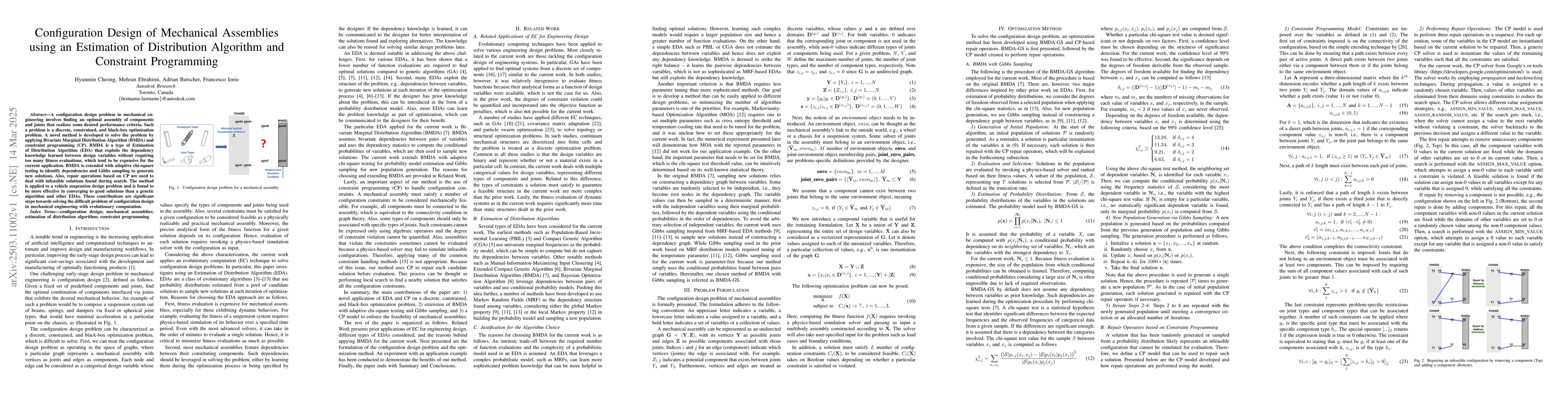 Thumbnail for Configuration Design of Mechanical Assemblies using an Estimation of
  Distribution Algorithm and Constraint Programming