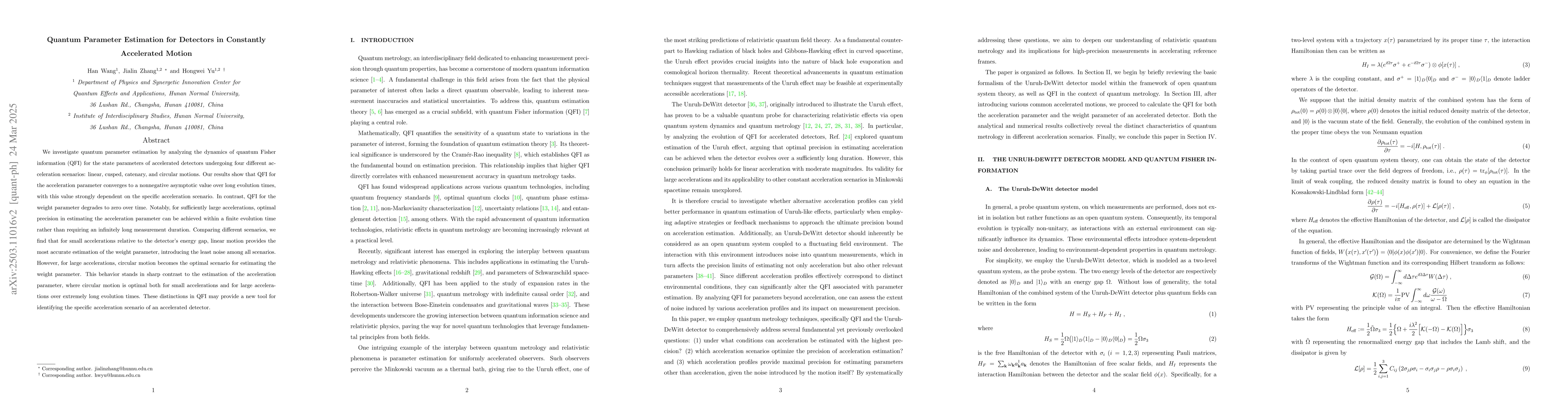 Thumbnail for Quantum Parameter Estimation for Detectors in Constantly Accelerated
  Motion
