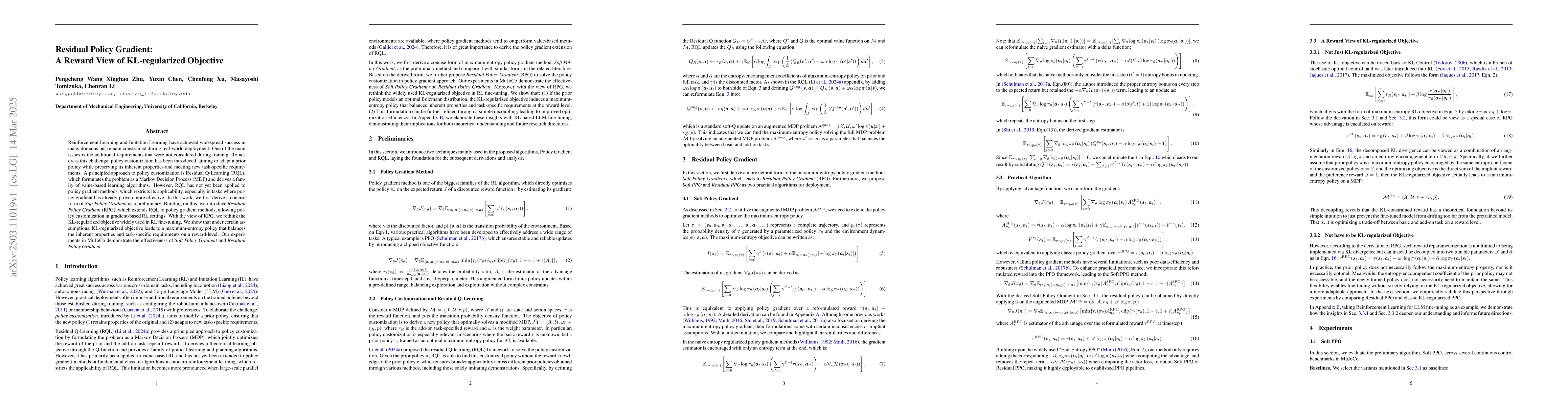 Thumbnail for Residual Policy Gradient: A Reward View of KL-regularized Objective
