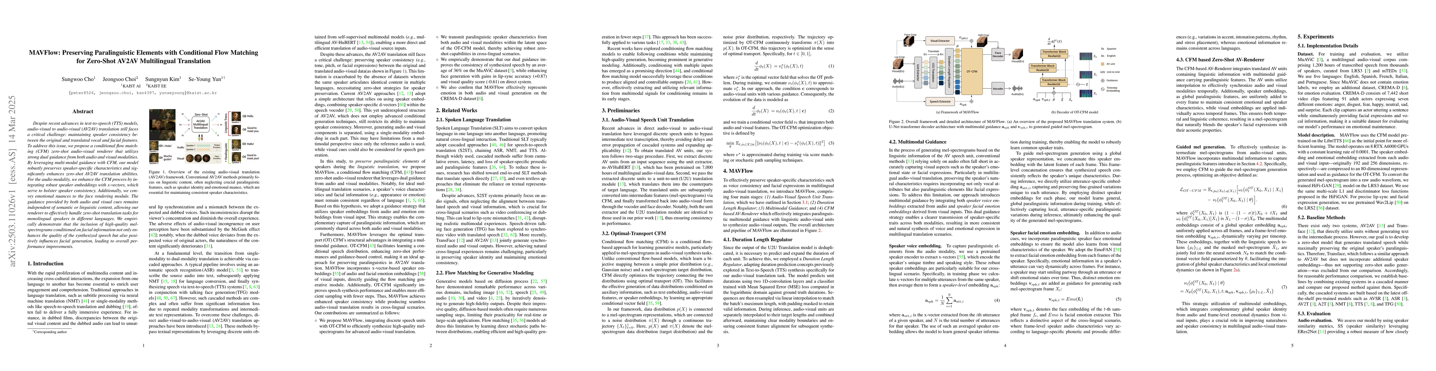 Thumbnail for MAVFlow: Preserving Paralinguistic Elements with Conditional Flow
  Matching for Zero-Shot AV2AV Multilingual Translation