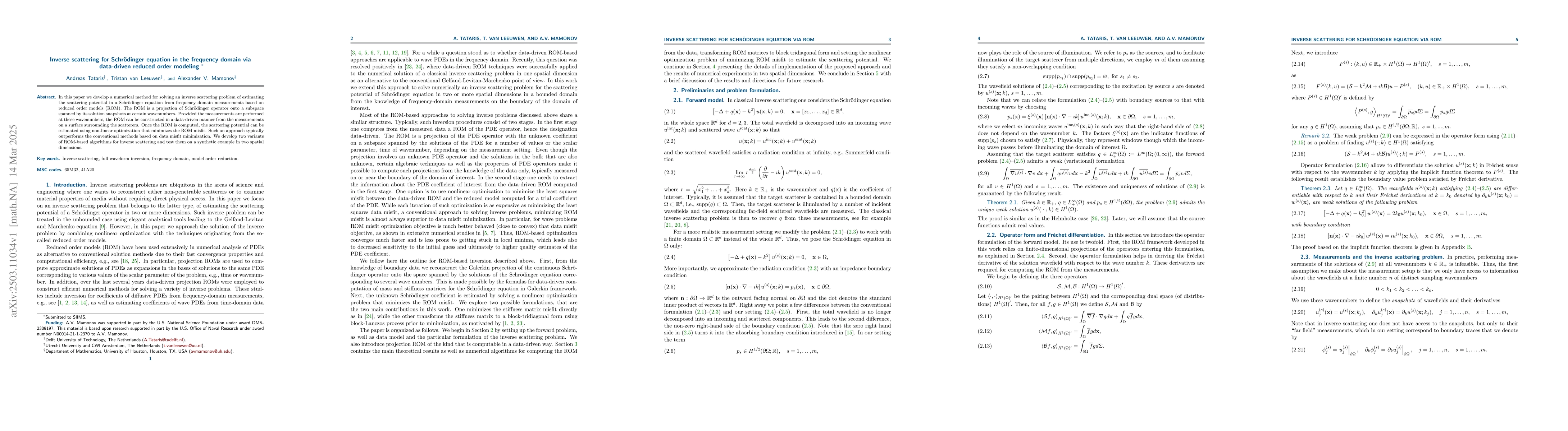 Thumbnail for Inverse scattering for Schrödinger equation in the frequency domain
  via data-driven reduced order modeling