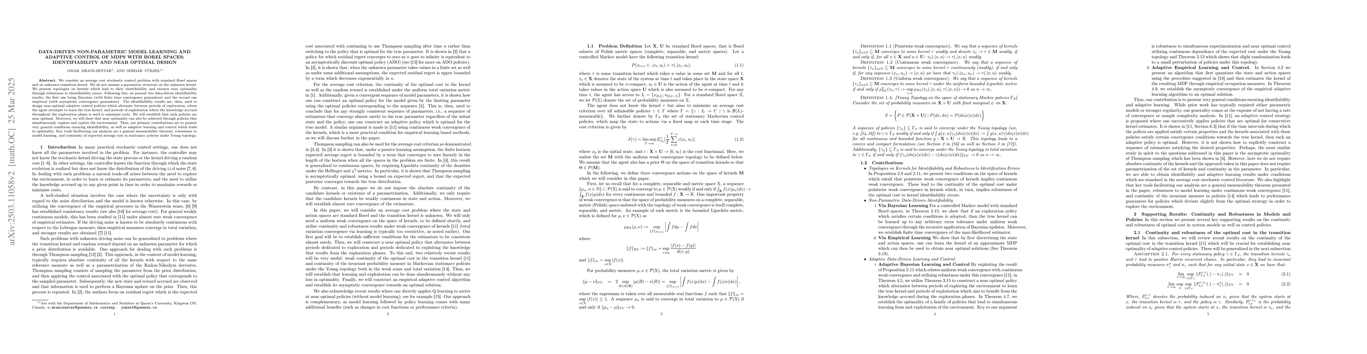 Thumbnail for Data-Driven Non-Parametric Model Learning and Adaptive Control of MDPs
  with Borel spaces: Identifiability and Near Optimal Design