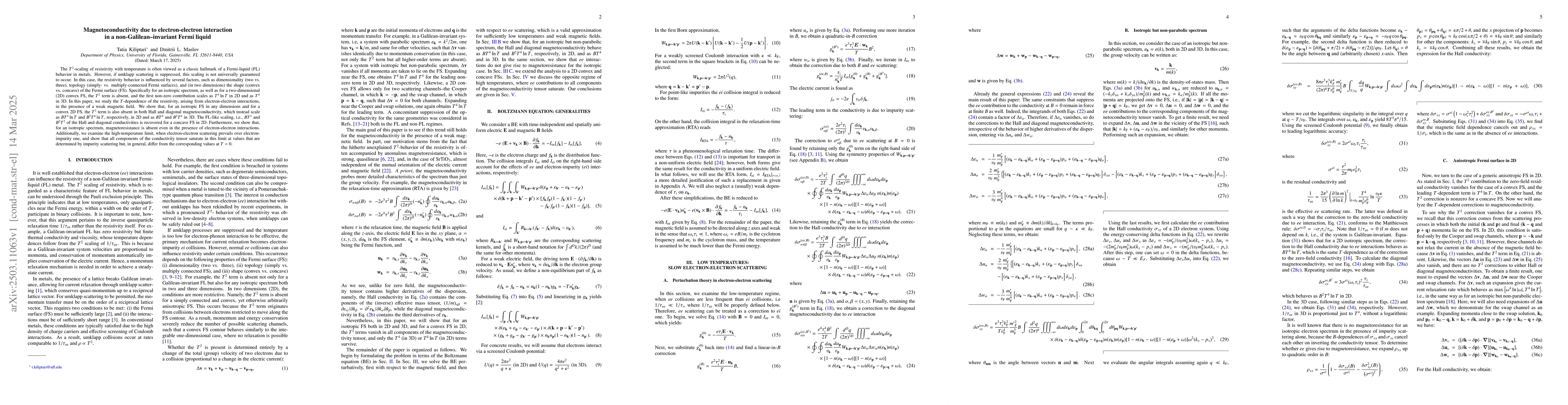 Thumbnail for Magnetoconductivity due to electron-electron interaction in a
  non-Galilean--invariant Fermi liquid