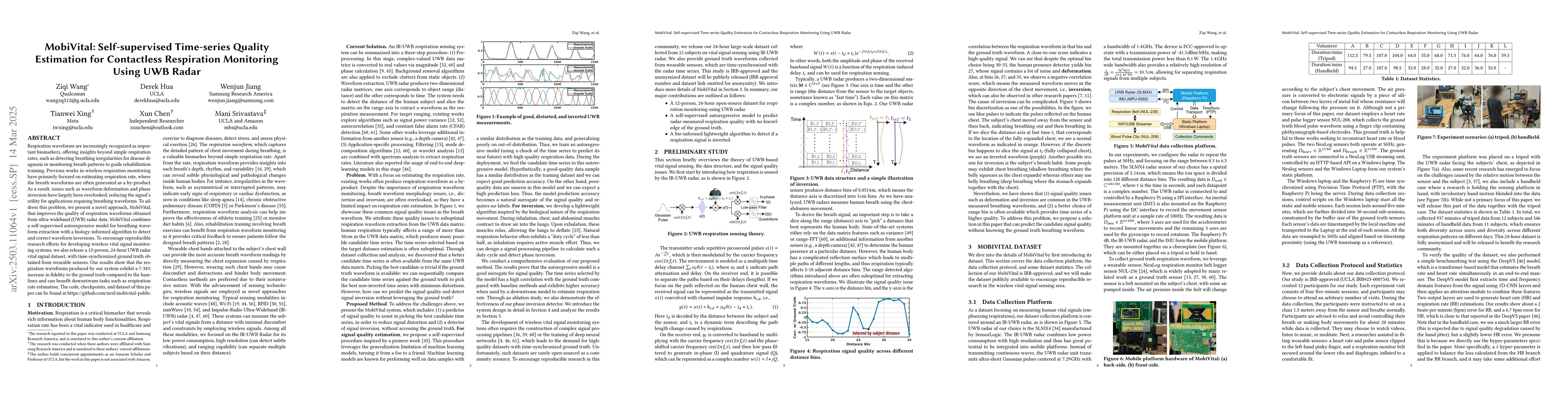 Thumbnail for MobiVital: Self-supervised Time-series Quality Estimation for
  Contactless Respiration Monitoring Using UWB Radar