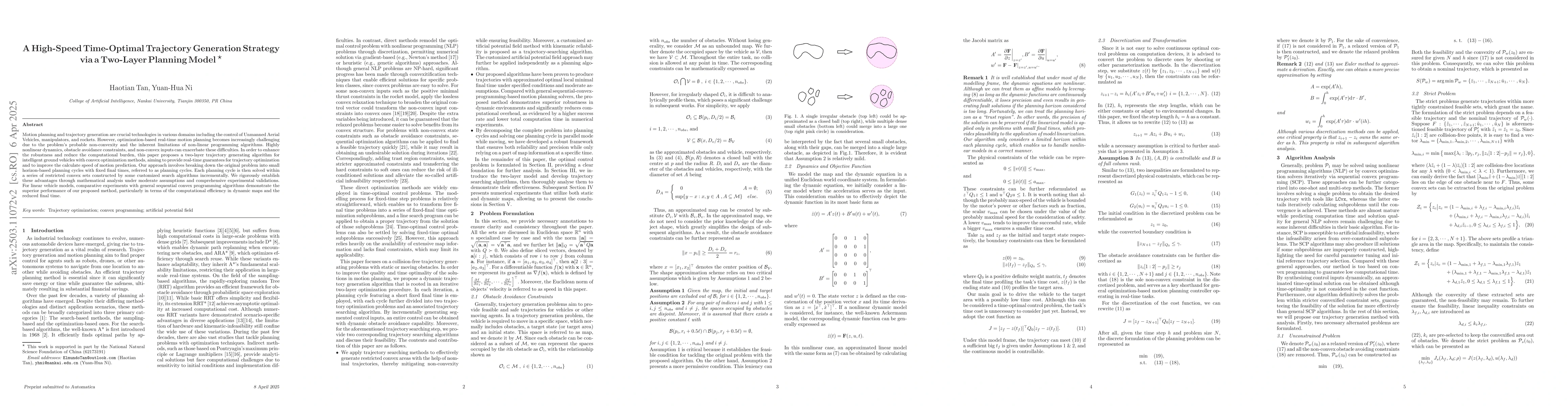 Thumbnail for A High-Speed Time-Optimal Trajectory Generation Strategy via a Two-layer
  Planning Model