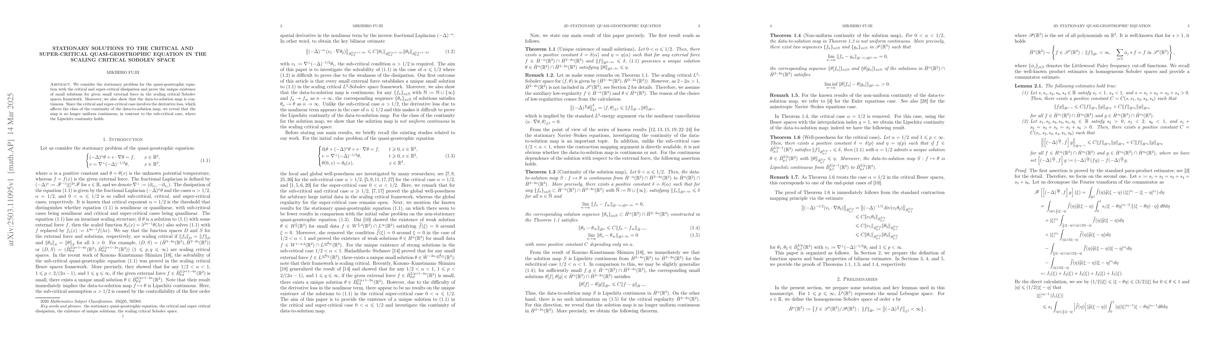 Thumbnail for Stationary solutions to the critical and super-critical
  quasi-geostrophic equation in the scaling critical Sobolev space