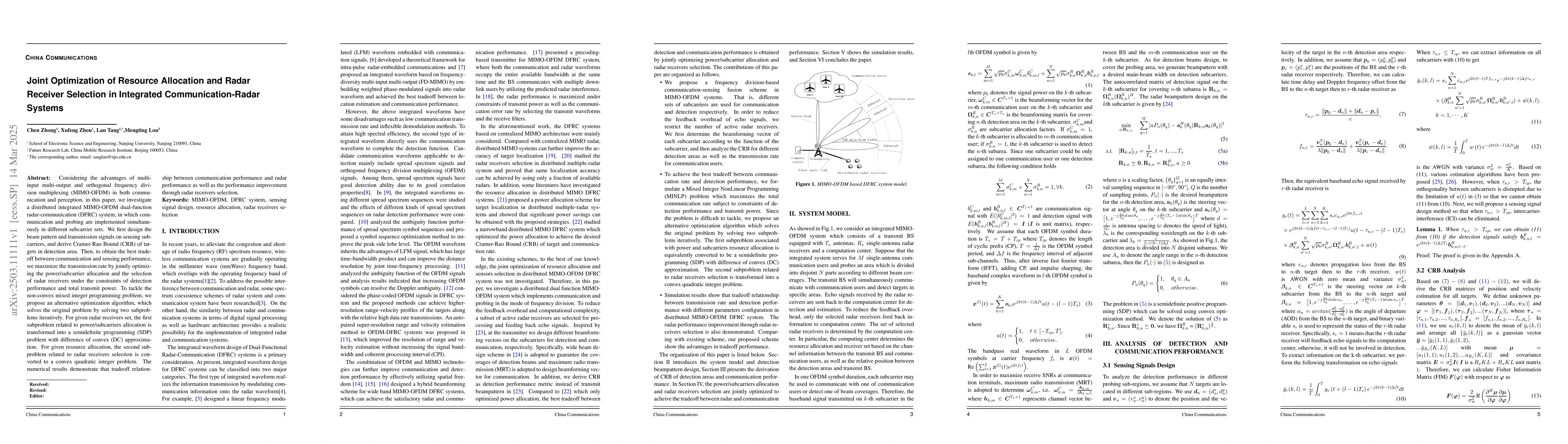 Thumbnail for Joint Optimization of Resource Allocation and Radar Receiver Selection
  in Integrated Communication-Radar Systems