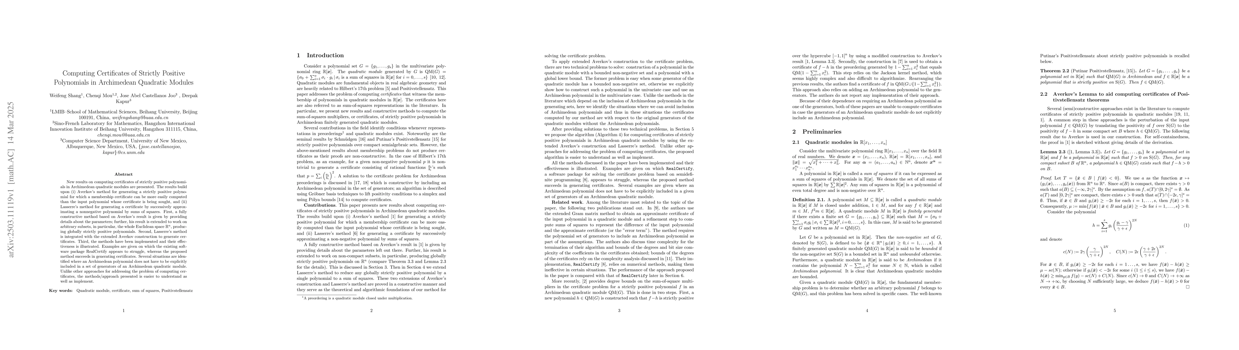 Thumbnail for Computing Certificates of Strictly Positive Polynomials in Archimedean
  Quadratic Modules