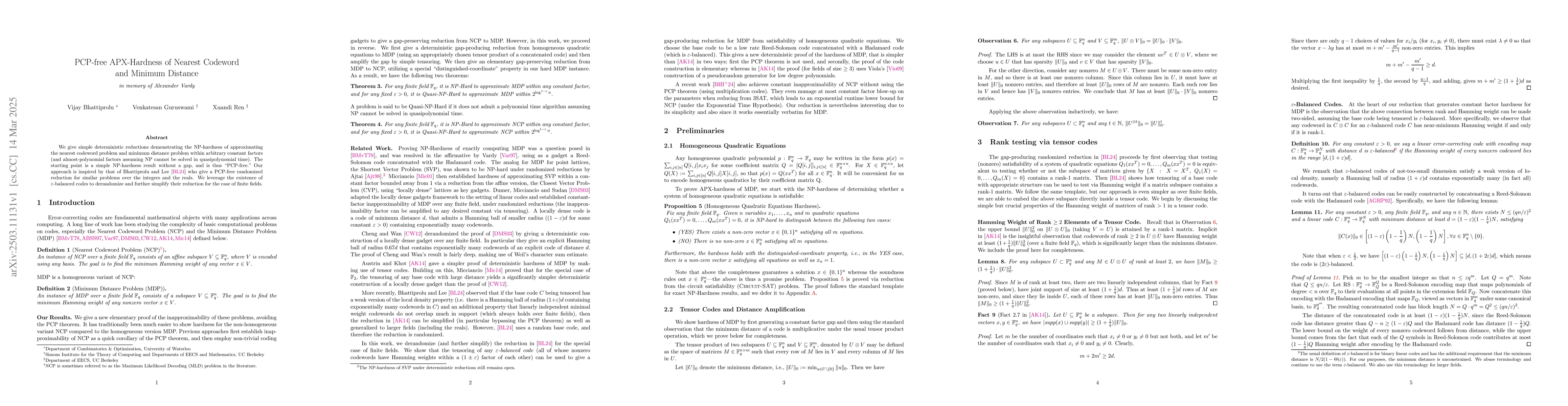 Thumbnail for PCP-free APX-Hardness of Nearest Codeword and Minimum Distance