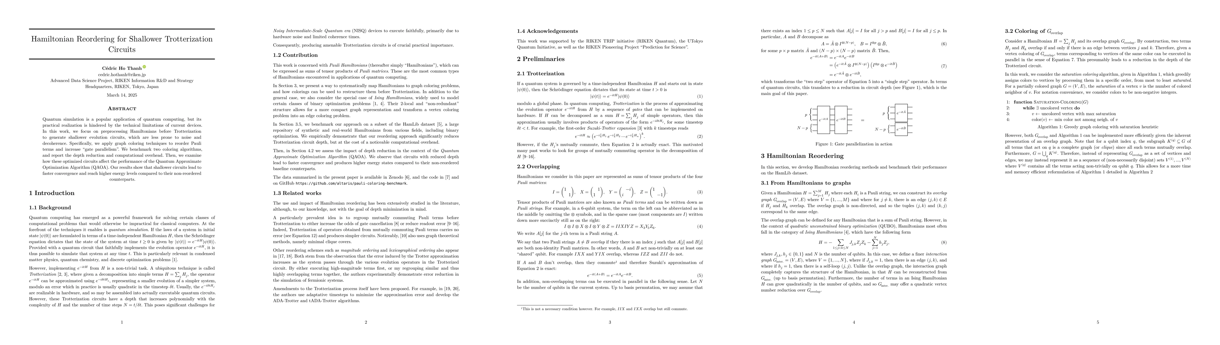 Thumbnail for Hamiltonian Reordering for Shallower Trotterization Circuits