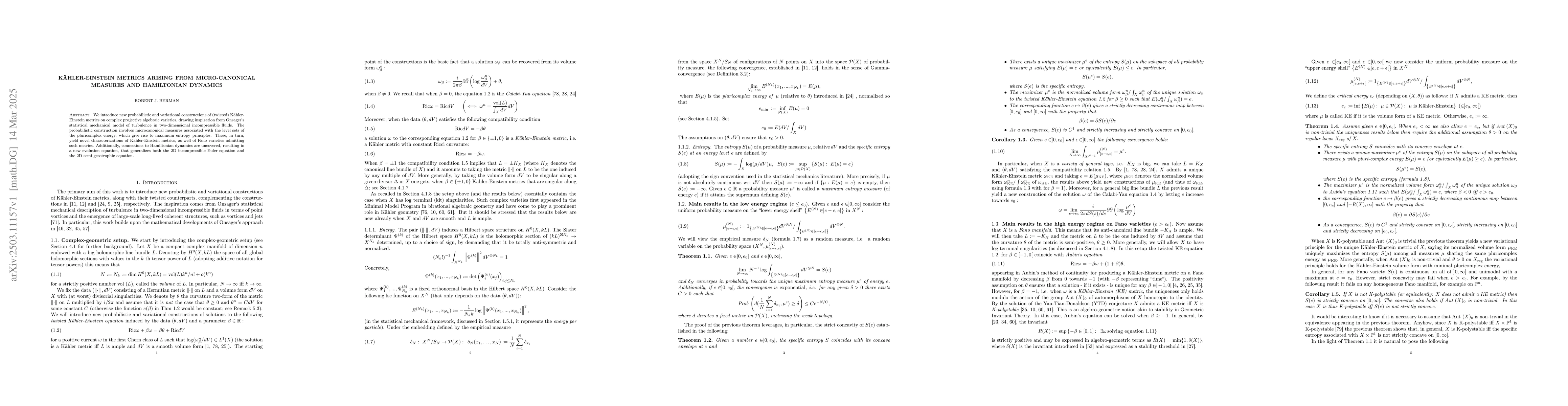 Thumbnail for Kähler-Einstein metrics arising from micro-canonical measures and
  Hamiltonian dynamics