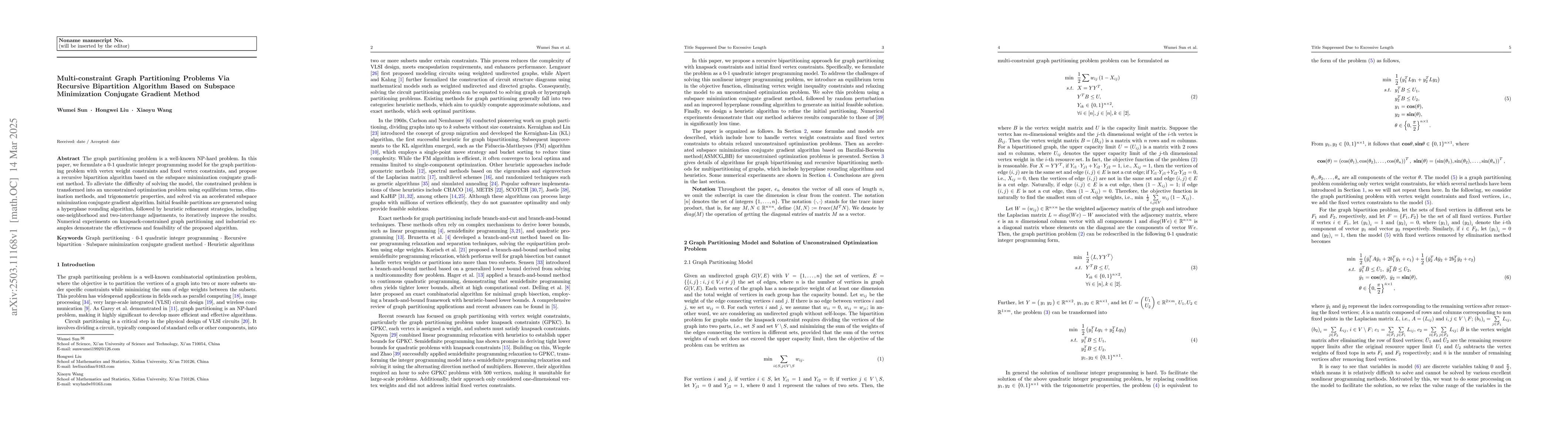 Thumbnail for Multi-constraint Graph Partitioning Problems Via Recursive Bipartition
  Algorithm Based on Subspace Minimization Conjugate Gradient Method