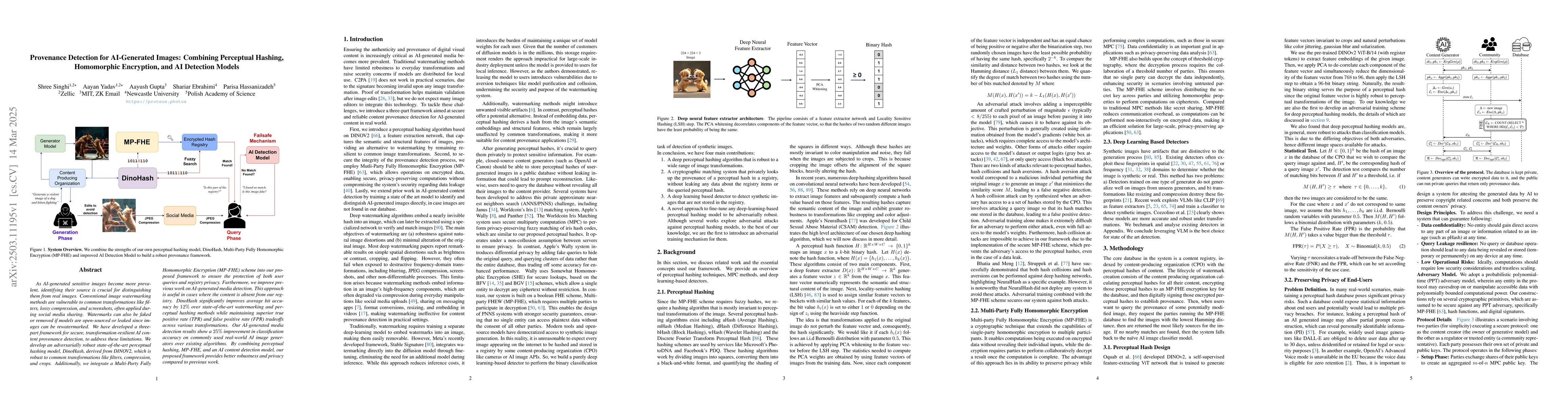 Thumbnail for Provenance Detection for AI-Generated Images: Combining Perceptual
  Hashing, Homomorphic Encryption, and AI Detection Models