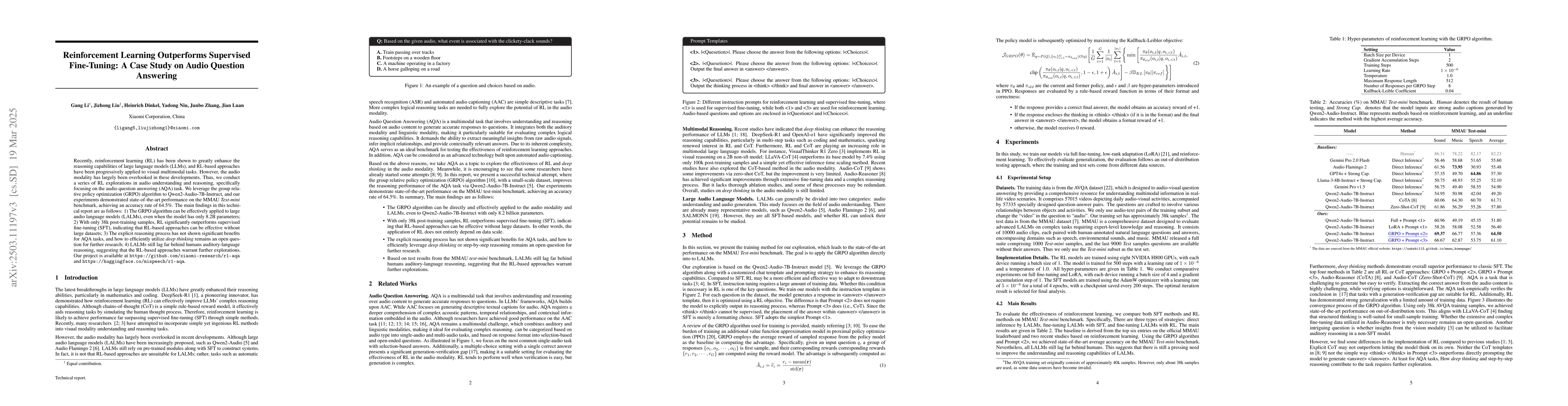 Thumbnail for Reinforcement Learning Outperforms Supervised Fine-Tuning: A Case Study
  on Audio Question Answering