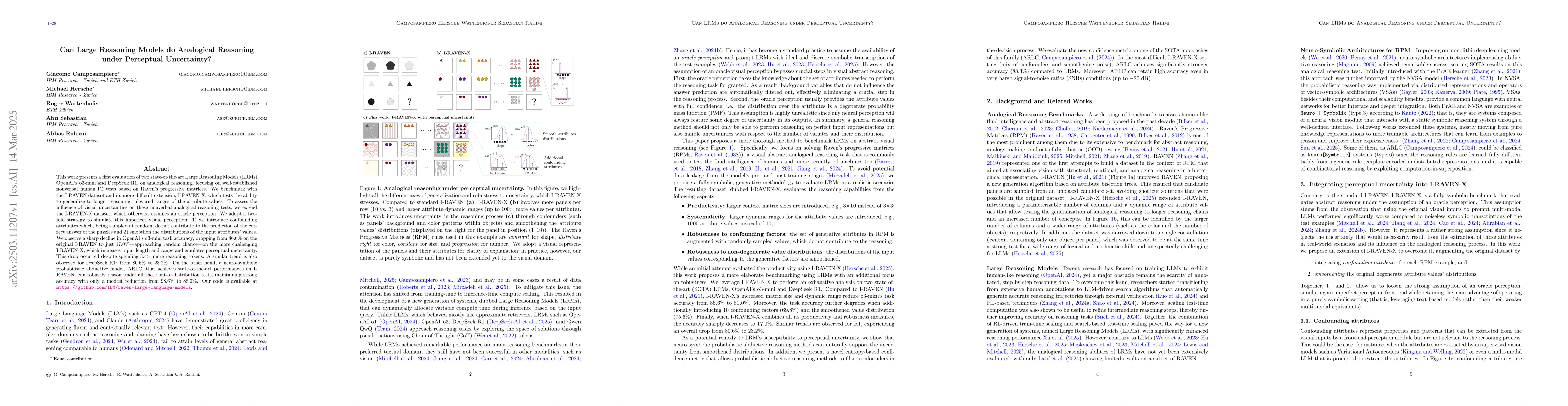 Thumbnail for Can Large Reasoning Models do Analogical Reasoning under Perceptual
  Uncertainty?