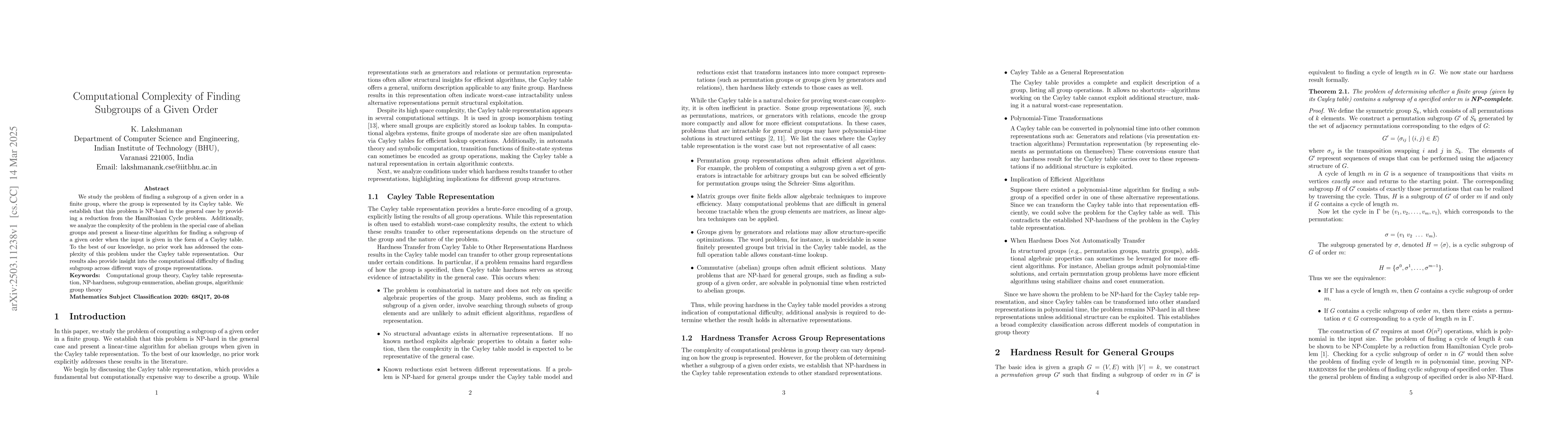 Thumbnail for Computational Complexity of Finding Subgroups of a Given Order