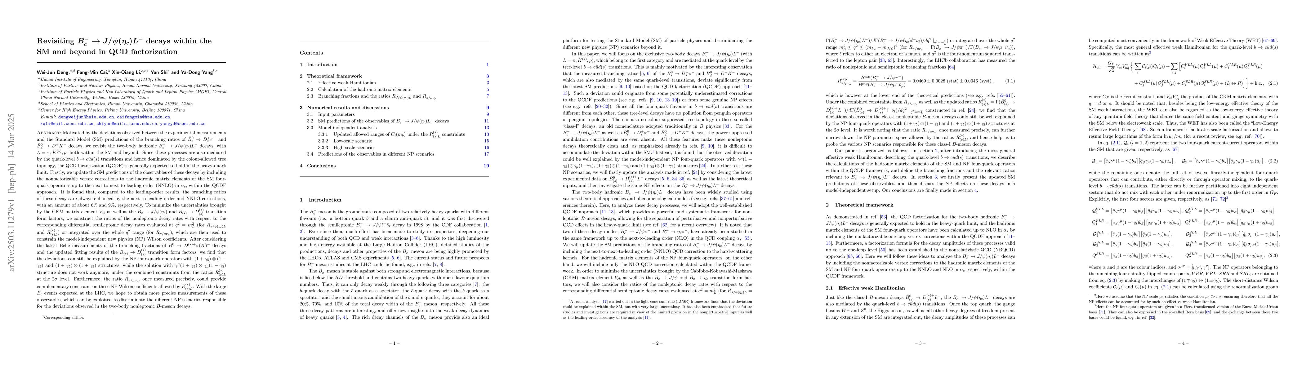 Thumbnail for Revisiting $B_{c}^-\to J/ψ(η_c) L^-$ decays within the SM and
  beyond in QCD factorization