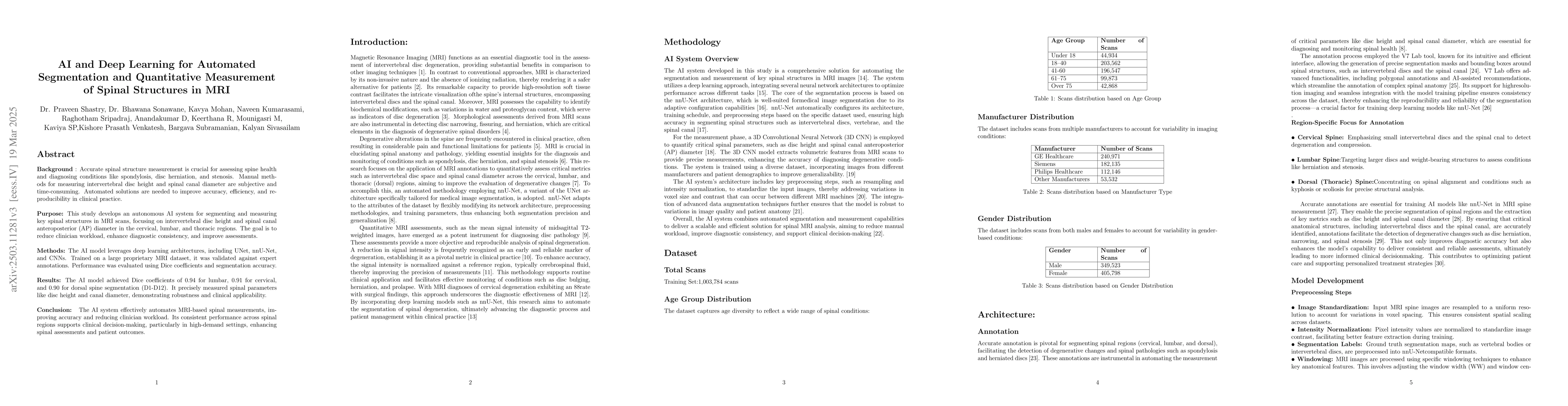Thumbnail for AI and Deep Learning for Automated Segmentation and Quantitative
  Measurement of Spinal Structures in MRI