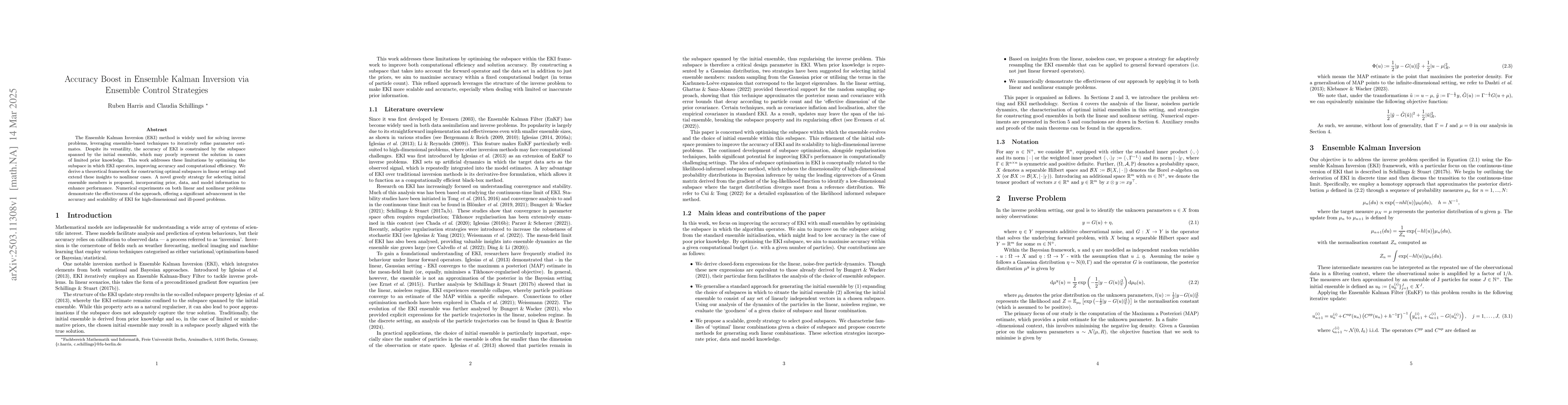 Thumbnail for Accuracy Boost in Ensemble Kalman Inversion via Ensemble Control
  Strategies