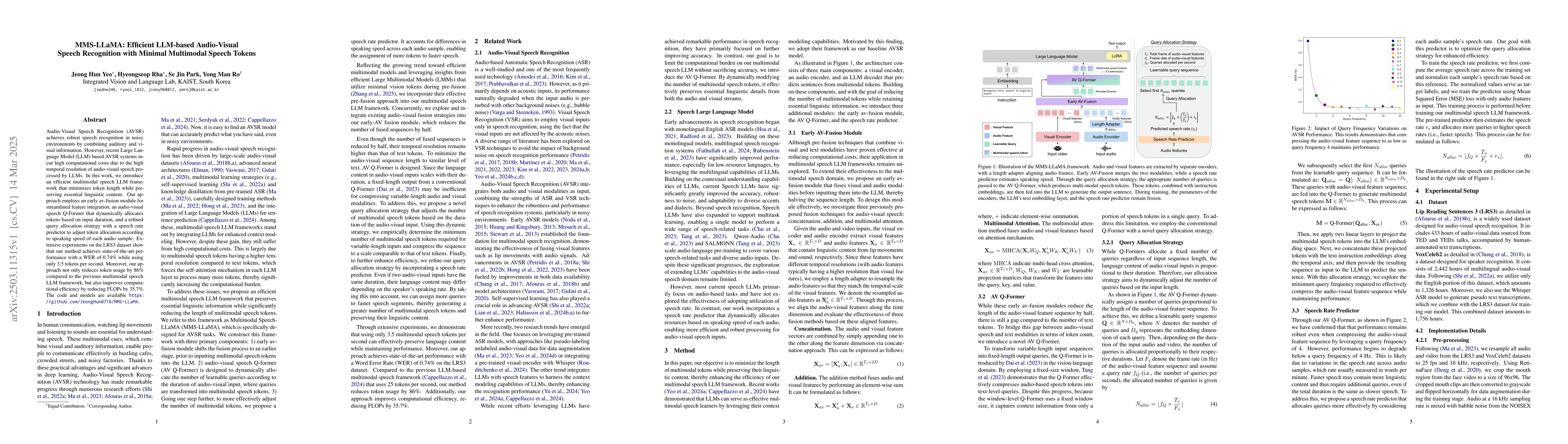 Thumbnail for MMS-LLaMA: Efficient LLM-based Audio-Visual Speech Recognition with
  Minimal Multimodal Speech Tokens