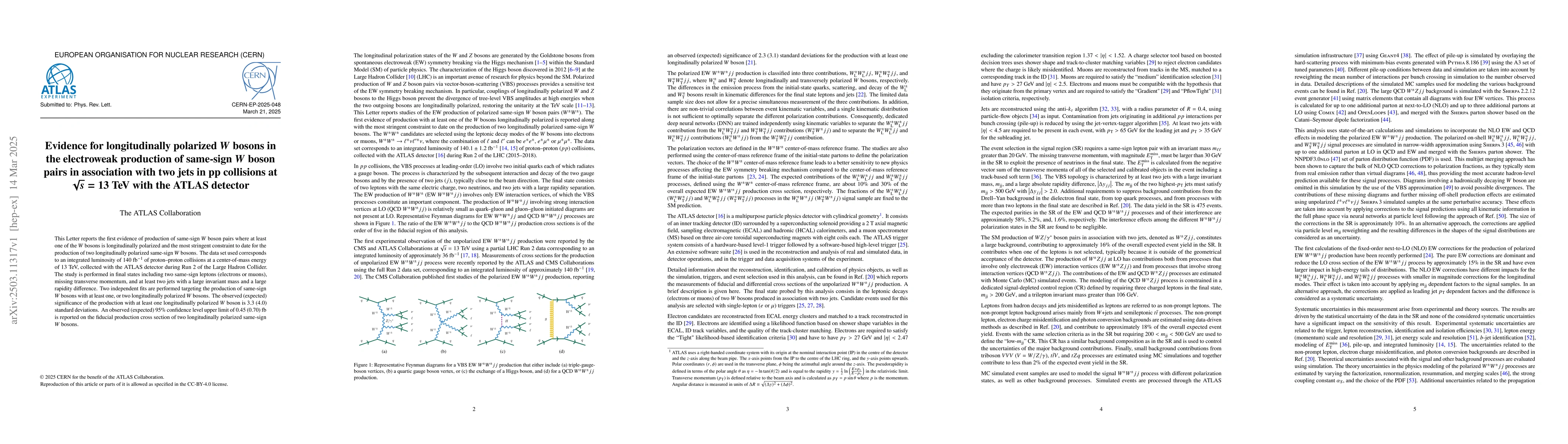 Thumbnail for Evidence for longitudinally polarized $W$ bosons in the electroweak
  production of same-sign $W$ boson pairs in association with two jets in pp
  collisions at $\sqrt{s}=13$ TeV with the ATLAS detector