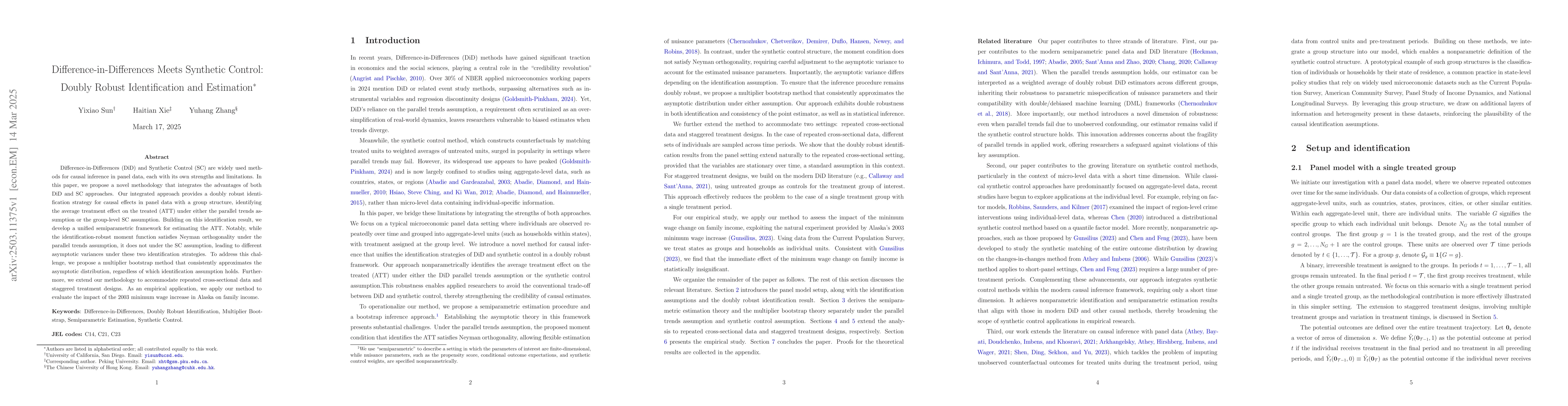Thumbnail for Difference-in-Differences Meets Synthetic Control: Doubly Robust
  Identification and Estimation