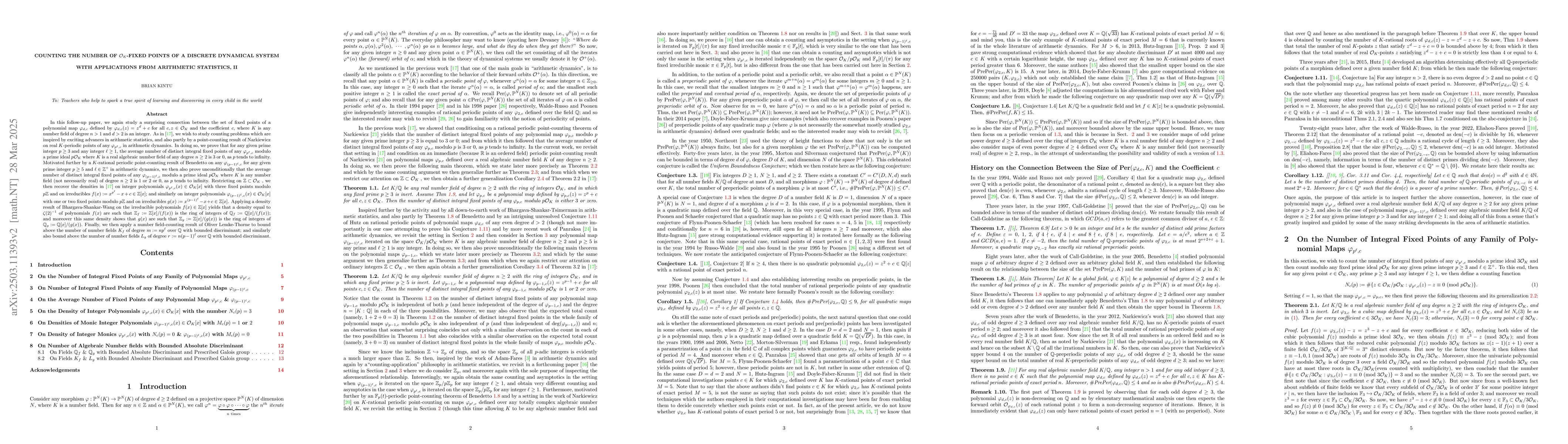Thumbnail for Counting the number of $\mathcal{O}_{K}$ fixed points of a discrete
  dynamical system with applications from arithmetic statistics, II