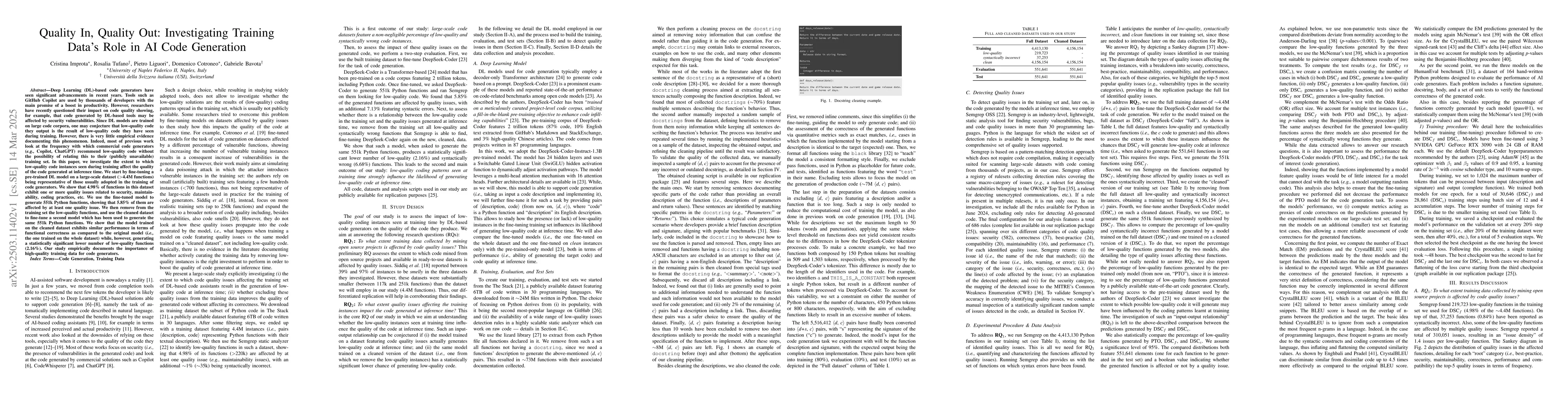 Thumbnail for Quality In, Quality Out: Investigating Training Data's Role in AI Code
  Generation
