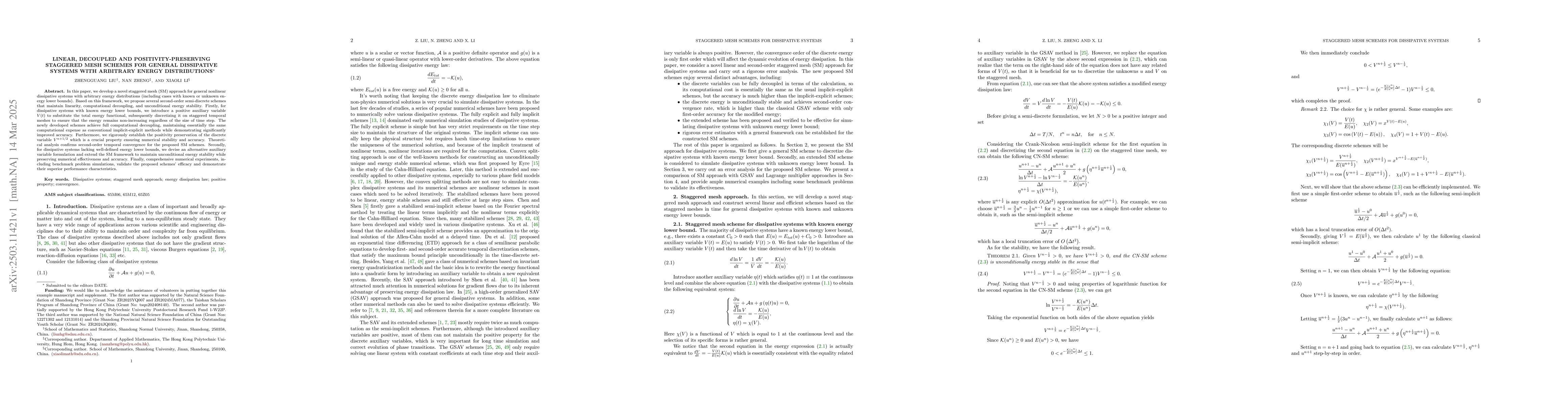 Thumbnail for Linear, decoupled and positivity-preserving staggered mesh schemes for
  general dissipative systems with arbitrary energy distributions