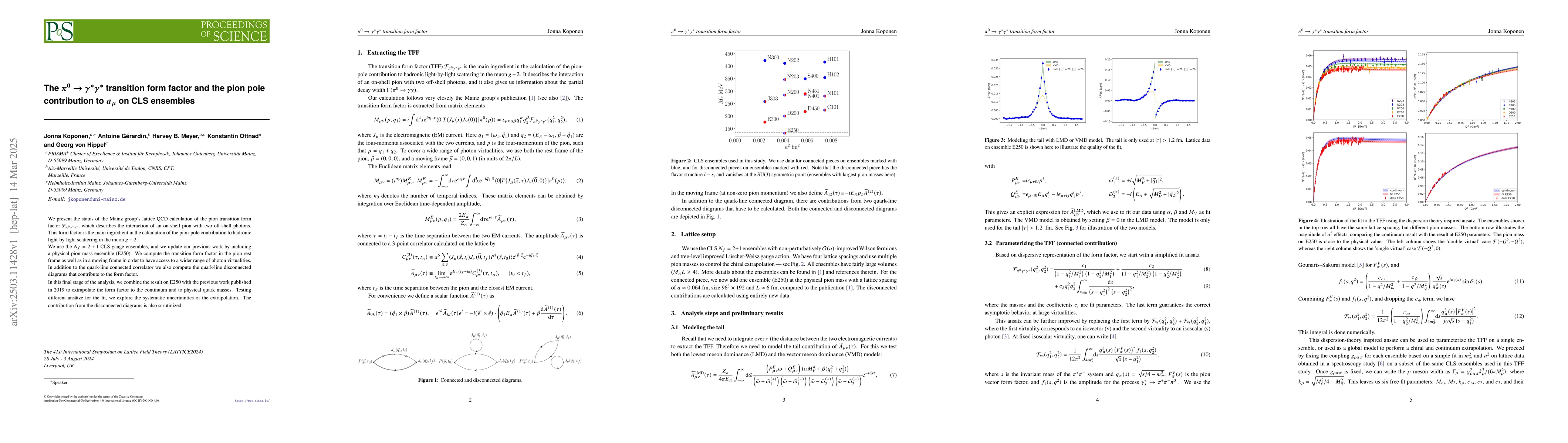 Thumbnail for The $π^0\to γ^\ast γ^\ast$ transition form factor and the
  pion pole contribution to $a_μ$ on CLS ensembles