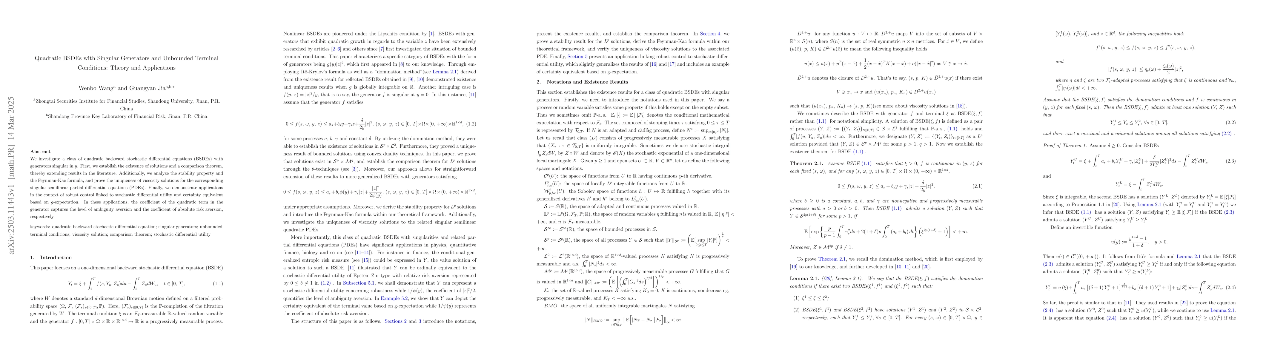 Thumbnail for Quadratic BSDEs with Singular Generators and Unbounded Terminal
  Conditions: Theory and Applications