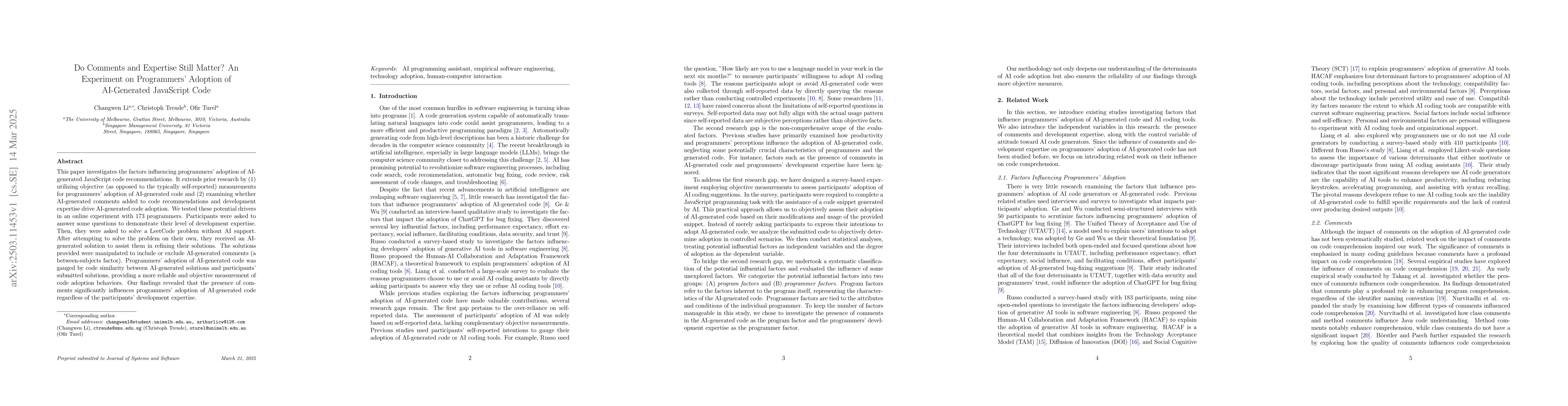 Thumbnail for Do Comments and Expertise Still Matter? An Experiment on Programmers'
  Adoption of AI-Generated JavaScript Code
