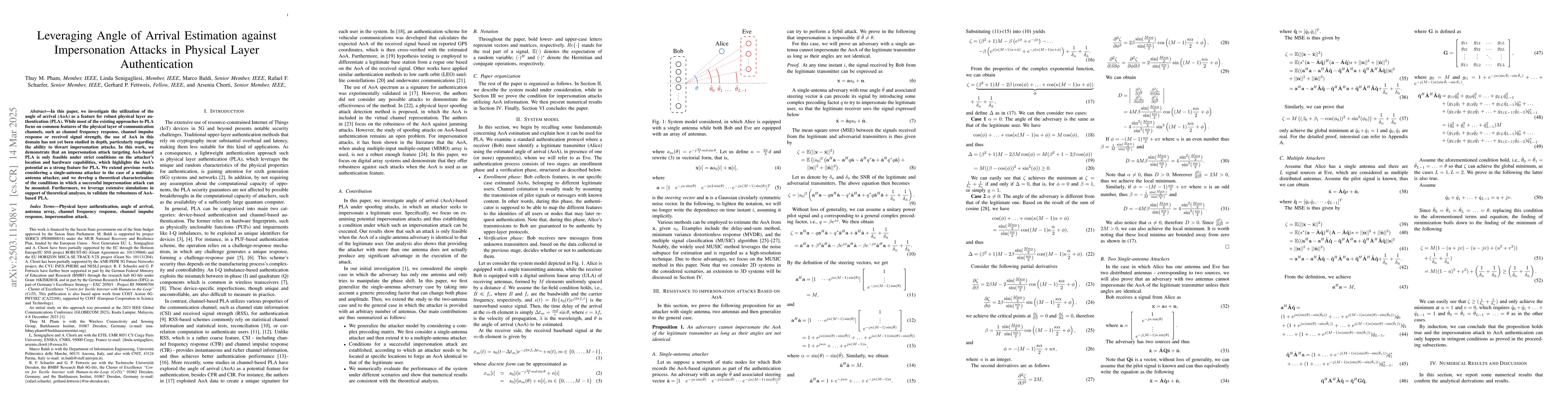 Thumbnail for Leveraging Angle of Arrival Estimation against Impersonation Attacks in
  Physical Layer Authentication
