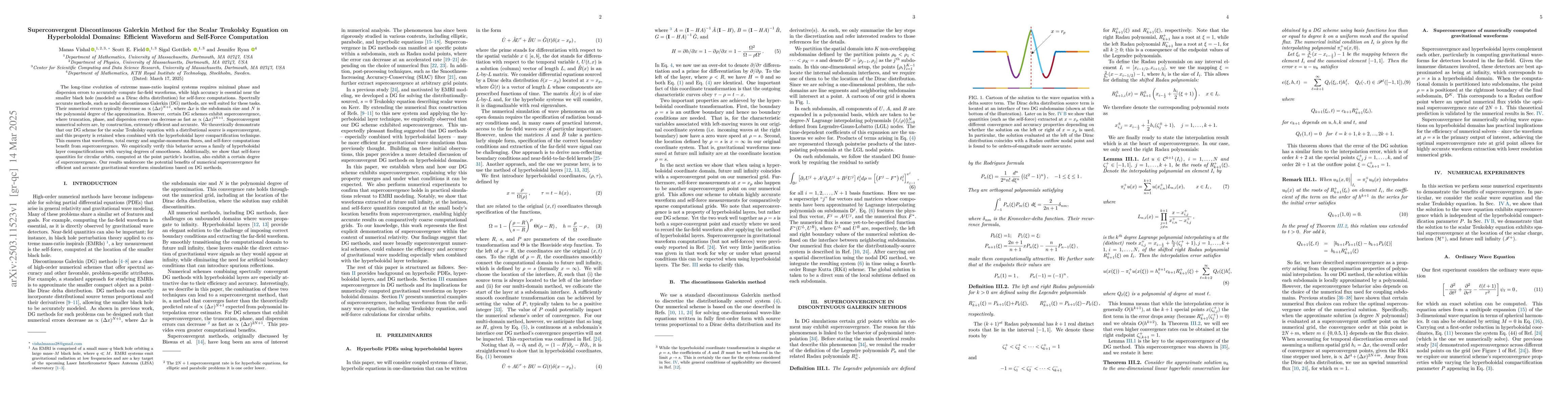Thumbnail for Superconvergent Discontinuous Galerkin Method for the Scalar Teukolsky
  Equation on Hyperboloidal Domains: Efficient Waveform and Self-Force
  Computation