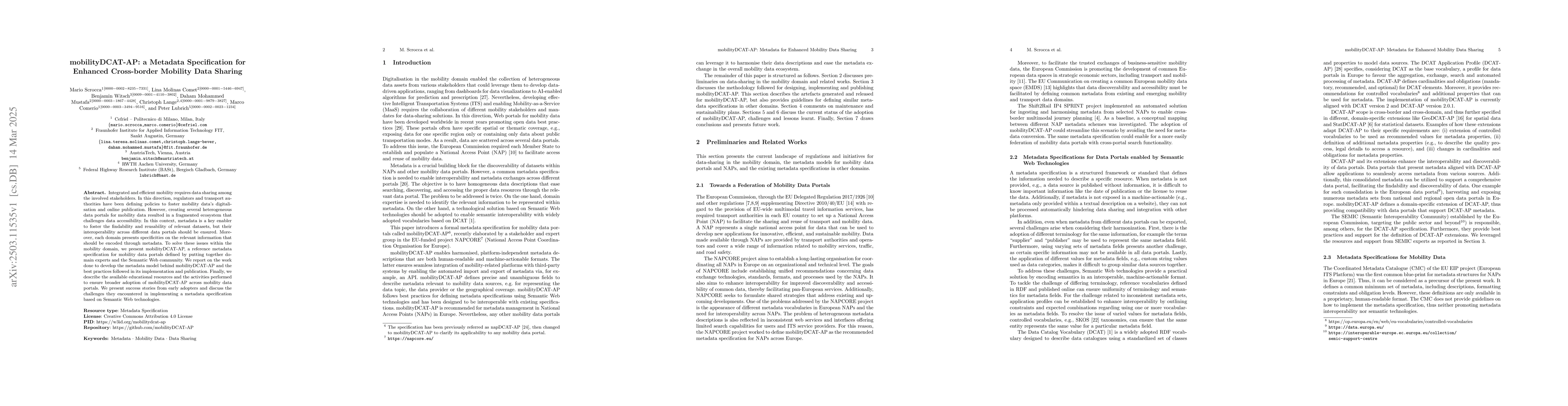 Thumbnail for mobilityDCAT-AP: a Metadata Specification for Enhanced Cross-border
  Mobility Data Sharing