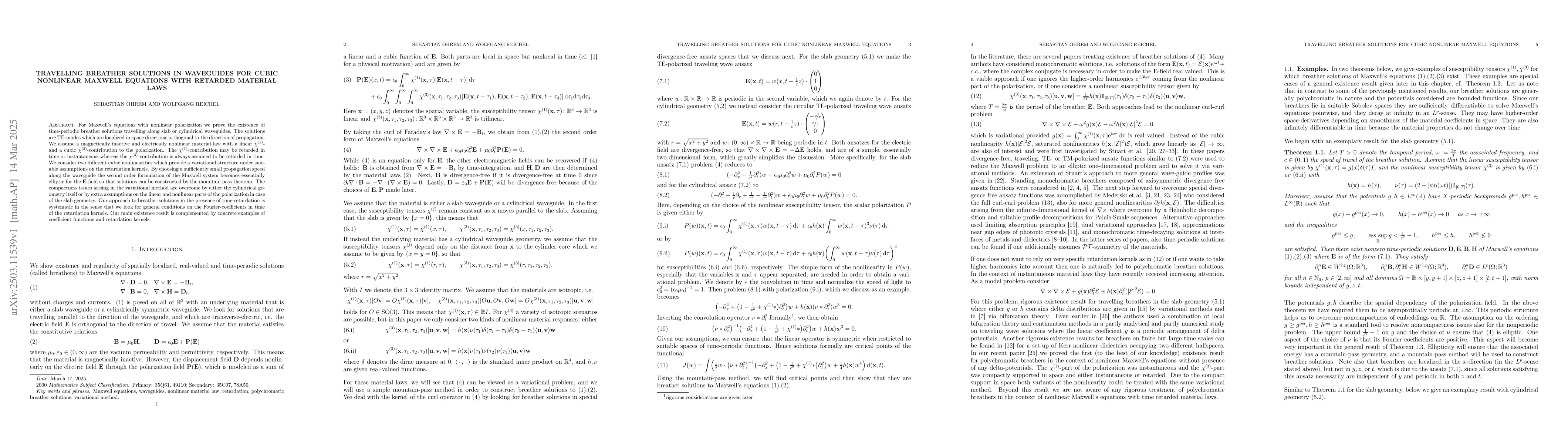 Thumbnail for Travelling breather solutions in waveguides for cubic nonlinear Maxwell
  equations with retarded material laws