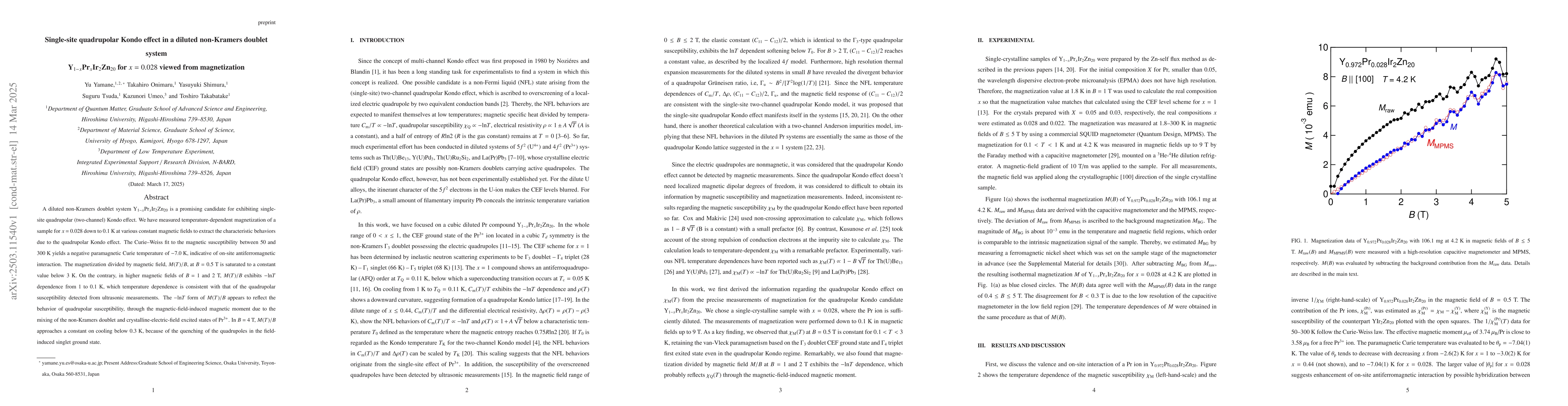 Thumbnail for Single-site quadrupolar Kondo effect in a diluted non-Kramers doublet
  system Y$_{1-x}$Pr$_x$Ir$_2$Zn$_{20}$ for $x = 0.028$ viewed from
  magnetization