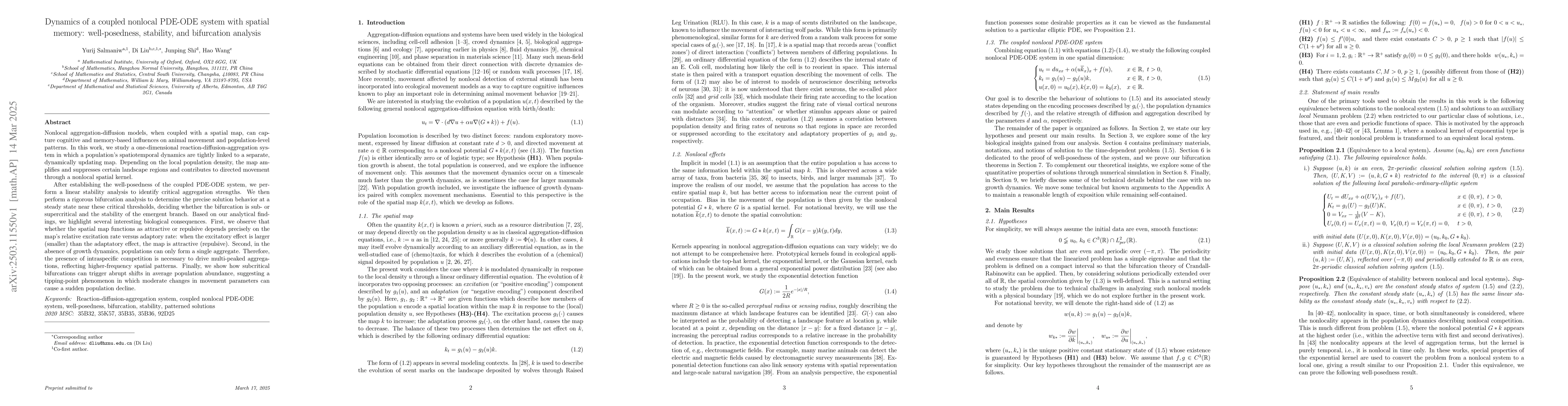 Thumbnail for Dynamics of a coupled nonlocal PDE-ODE system with spatial memory:
  well-posedness, stability, and bifurcation analysis