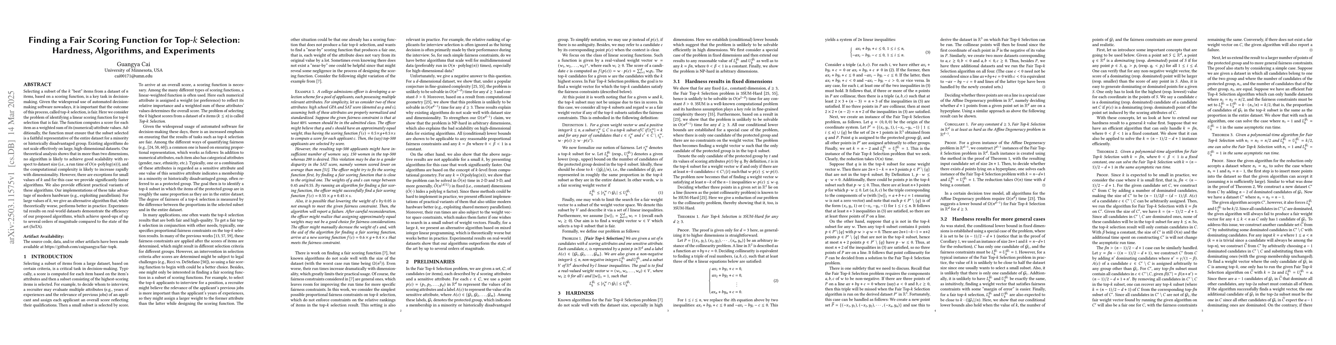 Thumbnail for Finding a Fair Scoring Function for Top-$k$ Selection: Hardness,
  Algorithms, and Experiments