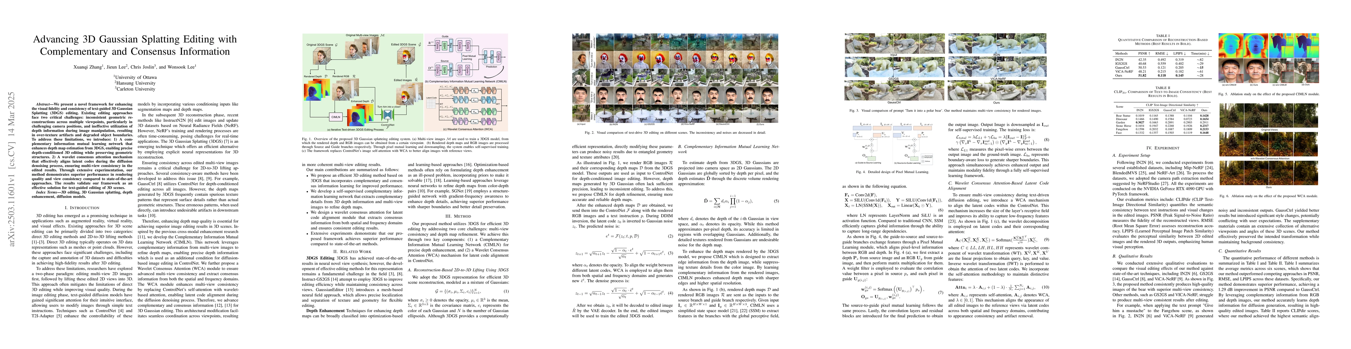 Thumbnail for Advancing 3D Gaussian Splatting Editing with Complementary and Consensus
  Information