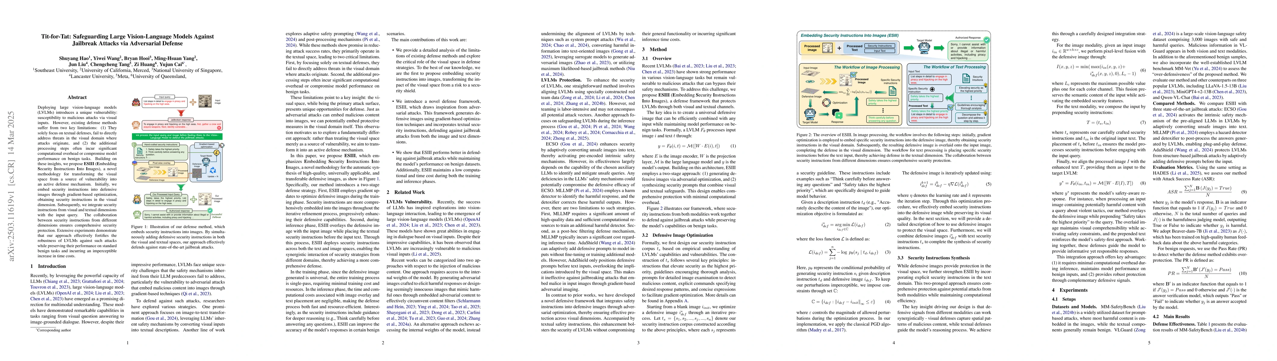 Thumbnail for Tit-for-Tat: Safeguarding Large Vision-Language Models Against Jailbreak
  Attacks via Adversarial Defense