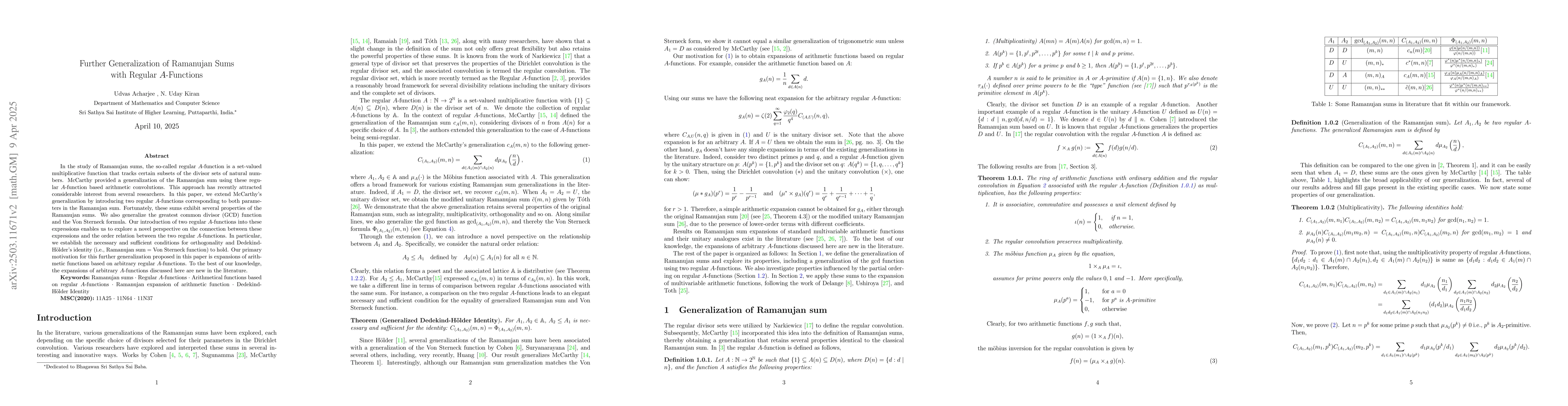 Thumbnail for Further Generalization of Ramanujan Sums with Regular A-Functions