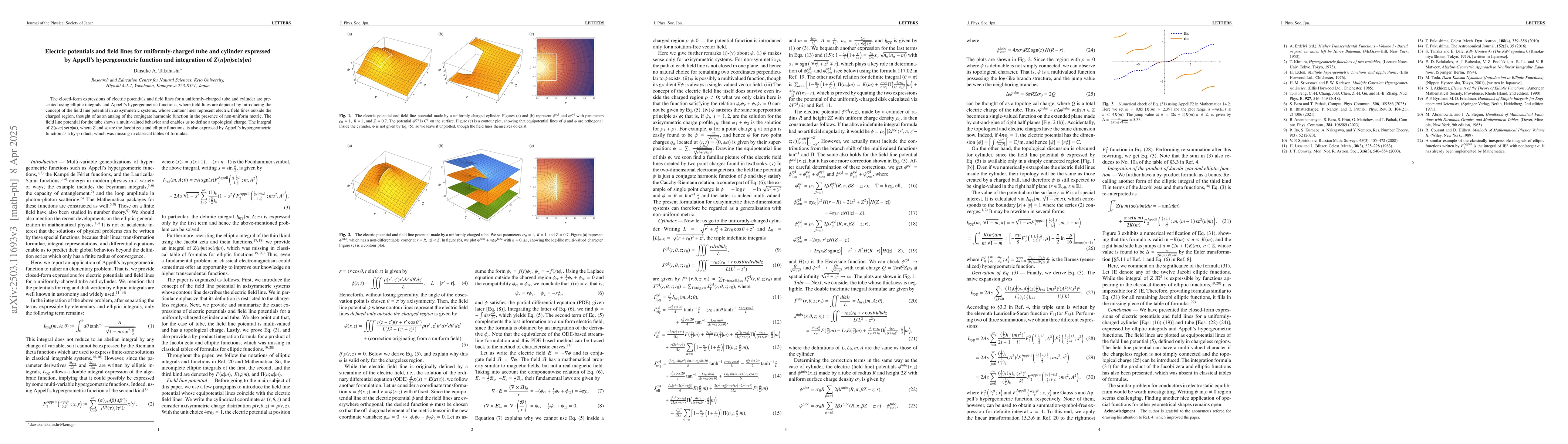 Thumbnail for Electric potentials and field lines for uniformly-charged tube and
  cylinder expressed by Appell's hypergeometric function and integration of
  $Z(u|m) \mathrm{sc}(u|m)$